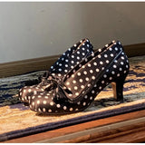 MQTIME  -  Vintage Lapel Design Polka Dot Women Pumps Fashion Bowknot Tassel Horsehair High heels Spring Autumn Female Chunky Modern Shoes