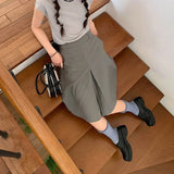 MQTIME  -  Women Gray High Waist Pleated Midi Skirts Front Center Box Pleat Summer A-Line Solid Color Retro Knee Length Skirts With Pockets