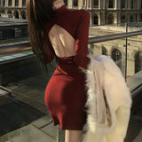 MQTIME  -  Korean Simple Style Red Flame Burgundy Deconstruction Hollow Backless Hip Dress Spring New