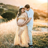 MQTIME  -  Pregnant Women Photography Dress Transparent Mesh Studded Pearl Sequin Two-Piece Set Maternity Photography Props Dress