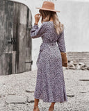 MQTIME  -  Printing Maxi Dress V Neck Bandage Boho Holiday Dress Long-sleeved Belt Lace-up Vestidos Ruffled Beach Dresses