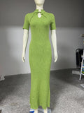 MQTIME  -  Short Sleeve Knitted Long Dress Female Slim Hollow Retro Elegant Sweater Dress 2025 Summer New High Waist Women‘s Dress