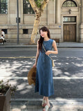 MQTIME  -  Summer Long denim Dress Women's Korean V-neck Sleeveless Stripe Printed High Waist A-line Dress