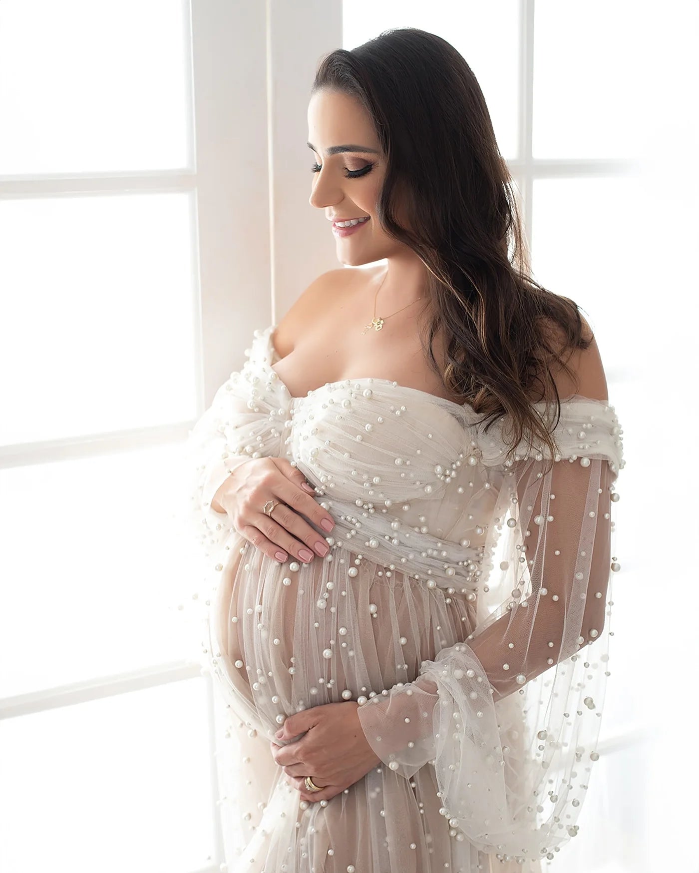 MQTIME - Pretty Beige Pearls Maternity Dresses Photoshoot mqtime MQTIME - Pretty Beige Pearls Maternity Dresses Photoshoot mqtime