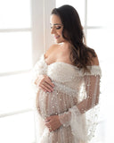MQTIME  -  Pretty Beige Pearls Maternity Dresses Photoshoot платье для беременных Sheer Pearls Tulle Maternity Dress See Thru فساتين حوامل