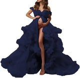 MQTIME  -   Sexy Maternity Gowns Photoshoot V Neck Ruffles A Line Sweep Train Tulle Pregnant Women Maternity Dresses for Photo Shoot