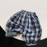 MQTIME  -  Children's Retro Blue Plaid Trousers Spring Autumn New Korean Boys And Girls Double-Layer Cotton Casual Harem Pants WTP121