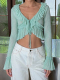  MQTIME  -  Y2k Sweet Solid Bandage Ruffles Neck Lace-up Patchwork Irregular Design Short Cardigan