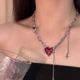 Mqtime Gothic Vintage Red Heart Star Cross Pendant Chain Necklace For Women Men Halloween Punk Y2K Grunge Hip Hop Jewelry Accessories