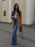  MQTIME  -  Retro Suede Female Jacket Chic Single Breasted Long Sleeve Lapel Loose Blazer Coat Women Eraly Autumn Street Lady Outerwear