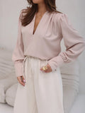 MQTIME  -  Spring Summer Women V-Neck Loose Blouses, Elegant Solid Patchwork Long Sleeve Tops, Simple Fashion Chic Ladies Shirts Streetwear