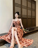 MQTIME  -  Summer French Fashion Spaghetti Strap Square Neck Sleeveless Party Evening Dress Woman Elegant Print Lace Up Midi Prom Dress