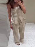 MQTIME  -  Elegant Pleated Vest Wide Leg Trousers Set Women Fashion Ruffled Off Shoulder Tank Top Loose Long Pants Suits 2025 Summer New