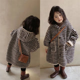  MQTIME  -  Baby Girls Plush Coats Autumn Winter Striped Woolen Jackets Children Hooded Outerwear Kids Warm Zipper Casual Clothing