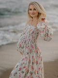  MQTIME  -  Baby Shower Maternity Dress Photoshoot Floral Long Sleeve Maxi Gown Pregnancy Outfit Beach Photography Bump Friendly Clothes