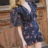 MQTIME  -  Fashion Floral Print Women's Mini Dress V Neck Puff Sleeve Elegant Patchwork Party Evening Gala Dress Female Dresses