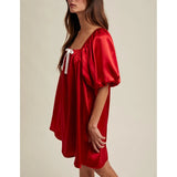 MQTIME  -  Women Satin Silk Mini Dress Bow Tied Front Square Neck Half Bubble Puff Sleeve Loose Fit Silky Short A-line Dresses