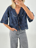 MQTIME  -  Women s Short Sleeve V-Neck Hollow Out Casual Blouse Tie Front Solid Color Loose Fit Summer Top Streetwear Fashion