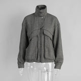 MQTIME  -  Women's Autumn Grey Zipper Outwear Jackets Solid Loose Patchwork High Waist Cropped Top Coat Streetwear Chic Casual Lady Tops