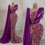 MQTIME  -  Stylish Purple Evening Dresses Sequins Beading Tassels Prom Gowns Custom Made One Shoulder Side Split Party Dresses