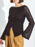 MQTIME  -  Lace Elegant Embroidery Shirts Women Autumn New Hollow Out Slim Long Sleeve T-Shirts Fashion Off Shoulder Cardigan Top