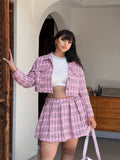 MQTIME  -  Plus Size 2025 New Women's Plaid Pink Two Piece Y2K Style Short Top Cardigan Mini Short Half Skirt Young Style