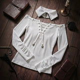 MQTIME  -  Euramerican Turn Down Off The Shoulder Fake Two Piece Harajuku Y2k Front Cross Lace Up Design Spice Girl Shirt Street Clothes