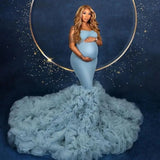 MQTIME  -  Dusty Blue Mermaid Maternity Dresses for Photo Shoot Ruffles Tulle Pregnancy Baby Shower Dress Prom Party Gowns Customized