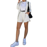 MQTIME  -  Fashion Two Piece Set Elegant Office Lady Lapel Long Sleeve Striped Print High Waist Shorts Set Gift Belt
