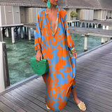 MQTIME  -  Women Maxi Dresses Summer Long Sleeve V-Neck Dress Fashion Printed Female Vacation Beach Long Dress Lady Elegant Loose  Robes