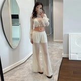MQTIME  -  See Through Women's Pant Suit Two Piece Set Sexy Tassel  Patchwork Full Sleeve Tank Top Wide Leg Pants Female Sets Beach Outfit