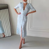 MQTIME  -  Chic Lace Trimmed Printed Dress Women Elegant Deep V-neck Waist Cinching Split Short Sleeve Maxi Dress Lady Party Vestidos