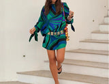 MQTIME  -  Style Fashionable Women's Patchwork Printed Round Neck Lace Up Long Sleeved Dress