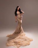  MQTIME  -  Luxury Crystals Mermaid Maternity Photoshoot Dresses Sheer Nude Tulle Maternity Dress Long Train Pregnancy Gown Babyshower Dress