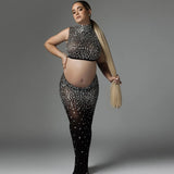 MQTIME  -  2Pcs/set Shiny Rhinestone Maternity Dresses For Photo Shoot Sexy Goddess Stretch Fabric Skirt For Pregnancy Photo Accessory