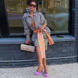 MQTIME  -  Chic Spliced Belt Stripe Shirt Lapel Collar Long Sleeve Autumn Women Street Casual Daily Blouse Fashion Trendy Ladies Top