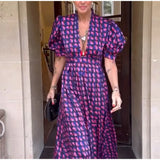 MQTIME  -  Spring and summer new style elegant deep V-neck short sleeved printed dress cross-border French women's clothing