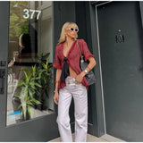  MQTIME  -  Chic Fringed Fitted Shirts Women V Neck Short Sleeves Lace Up Ruffles Blouse Female Summer New Vintage Fashion Tops Lady