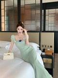 MQTIME  -  Women Mint Mambo Style Short Sleeved Dress Women's Summer Korean Chic Waist Slimming A line Long Dresses