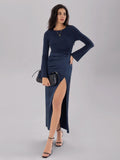 MQTIME  -  Split Round Neck Long Sleeve Midi Dress