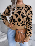 MQTIME  -  Leopard Round Neck Dropped Shoulder Sweater