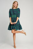 MQTIME  -  Ribbon Print Frill Contrast Velvet Trim Half Sleeve Dress
