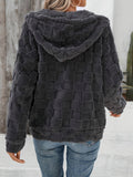 MQTIME  -  Checkered Texture Zip Up Drawstring Fuzzy Jacket