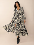 MQTIME  -  Tied Printed V-Neck Long Sleeve Midi Dress