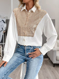 MQTIME  -  Perfee Sequin Contrast Collared Neck Long Sleeve Shirt