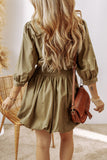 MQTIME  -  Smocked Johnny Collar Three-Quarter Sleeve Mini Dress