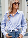 MQTIME  -  Striped Collared Neck Button Down Long Sleeve Shirt