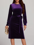 MQTIME  -  Round Neck Tie Waist Long Sleeve Velvet Dress