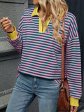 MQTIME  -  Striped Johnny Collar Long Sleeve Sweatshirt