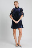 MQTIME  -  Dotted Lace Half Sleeve Mock Neck Back Tie Velvet Dress